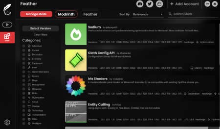 Менеджер модов внутри лаунчера Feather Client